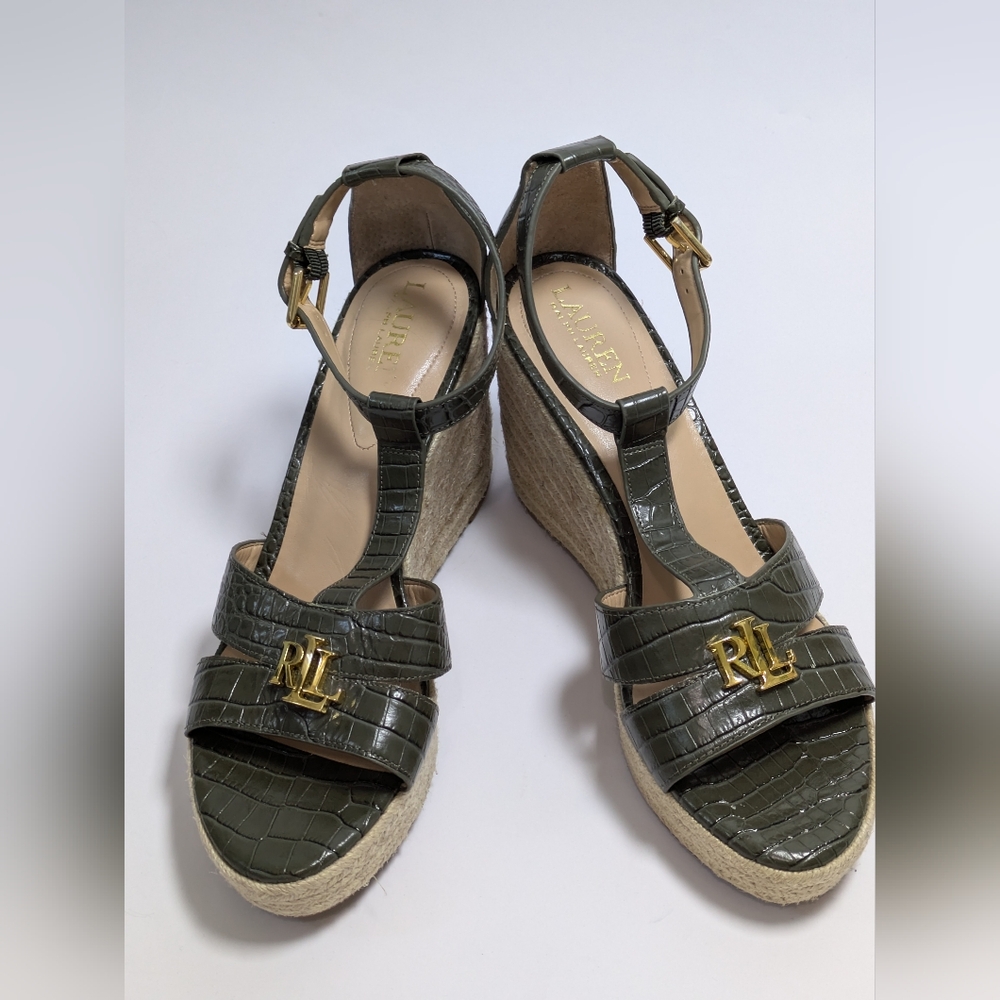 Ralph Lauren Hale Wedge T-Strap Open Toe Green Leather Sandals Size 10 B - Picture 1 of 10